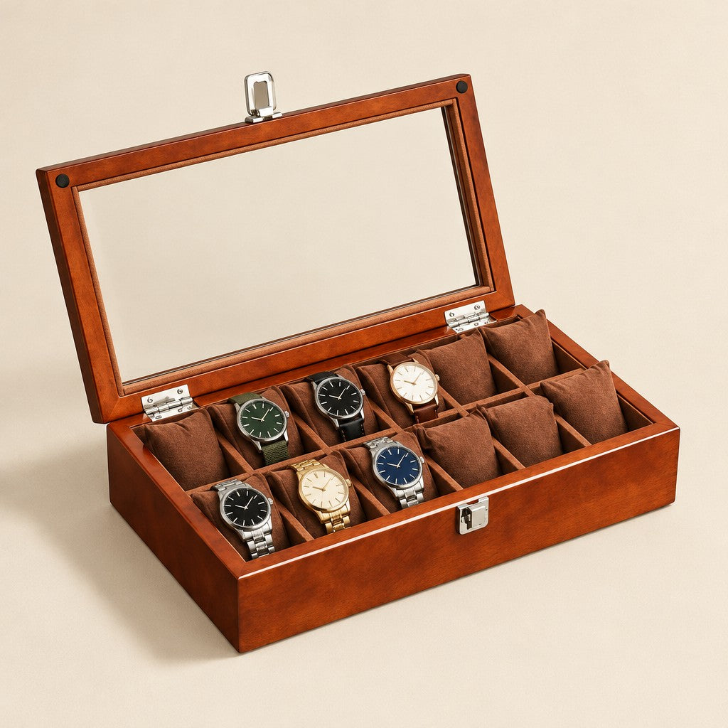 12-slot wooden watch box in coffee with the glass lid open