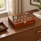 12-slot wooden watch box on a chest of drawers, for scale