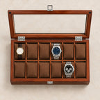 Top view of the 12-slot wooden watch box with a 36 mm, a 42 mm and a 45 mm watch