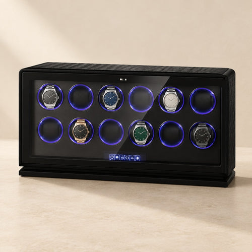 Black leather 12-watch winder with blue LED rings and six watches