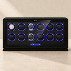 Front view of the twelve rotors and touch panel, with watches of different sizes