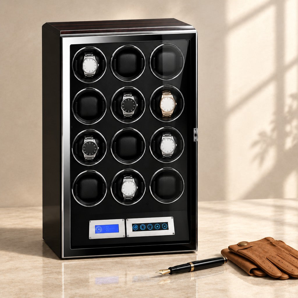 Ebony 12-watch winder cabinet closed, beside a fountain pen and leather gloves