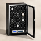 Ebony piano-lacquer 12-watch winder cabinet with the door open