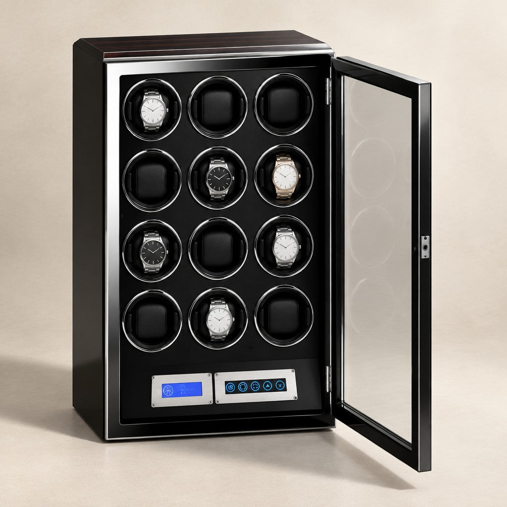Ebony piano-lacquer 12-watch winder cabinet with the door open