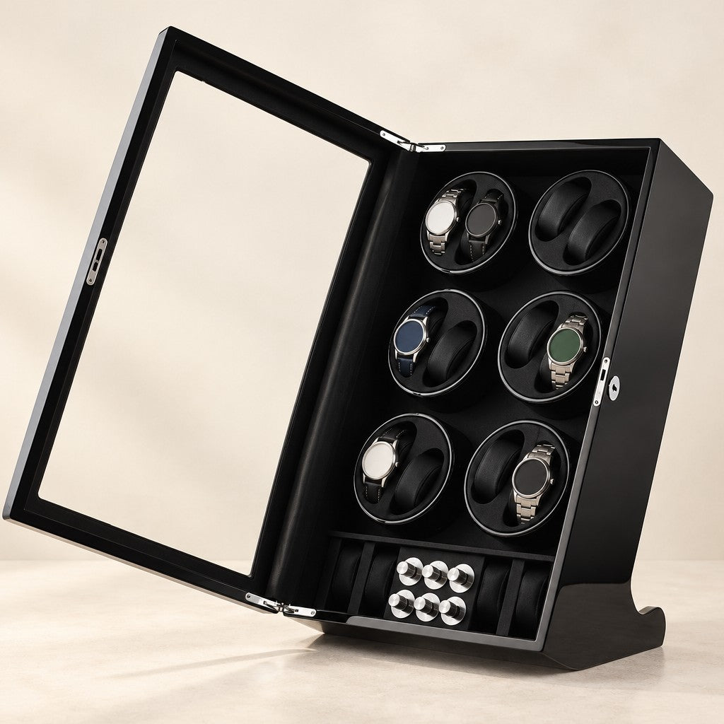 Black 12-watch winder cabinet with the glass door open and six watches