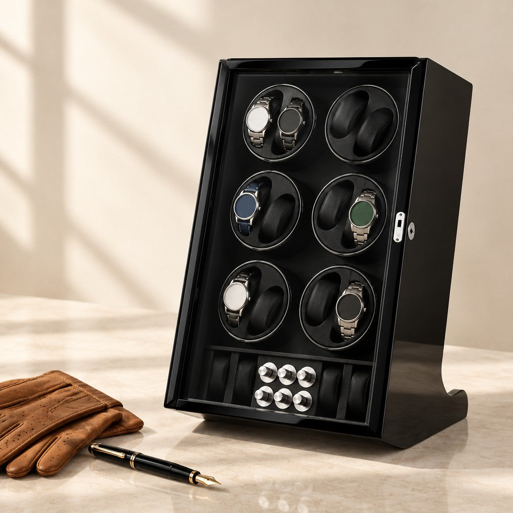 Black winder cabinet closed, beside a fountain pen and leather gloves