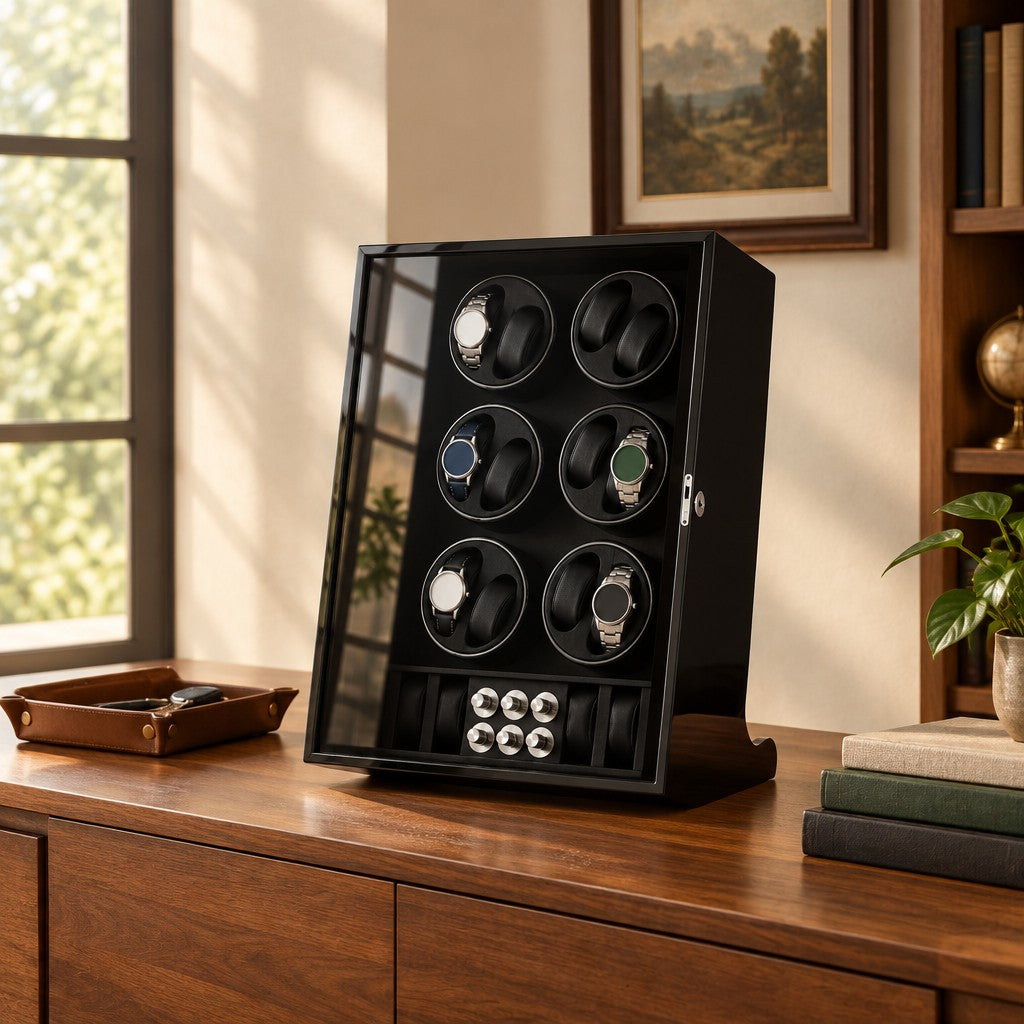 12-watch winder cabinet on a wooden sideboard beside a valet tray and books