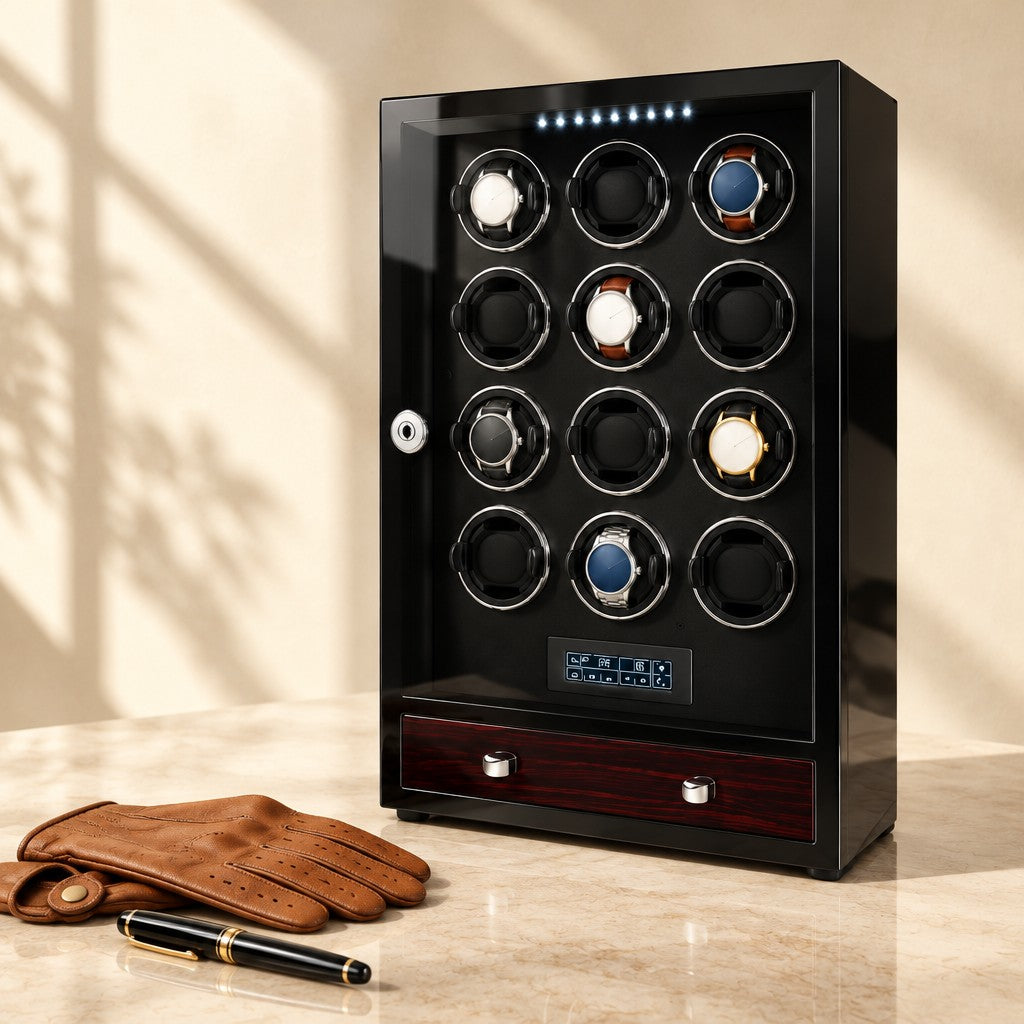 Black 12-watch winder cabinet closed, beside a fountain pen and leather gloves