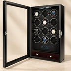 Black 12-watch winder cabinet with ebony drawer, glass door open