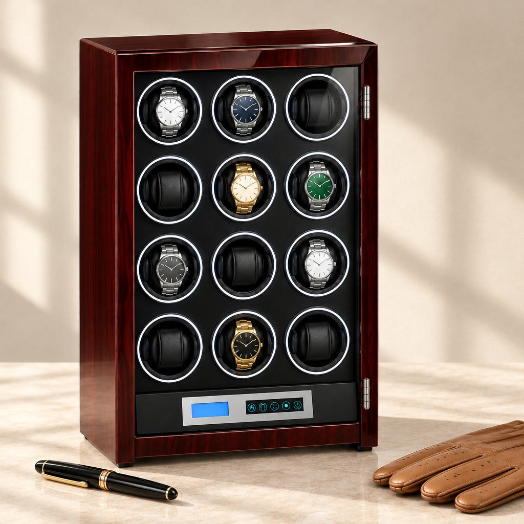 12-watch winder cabinet closed, beside a fountain pen and leather gloves
