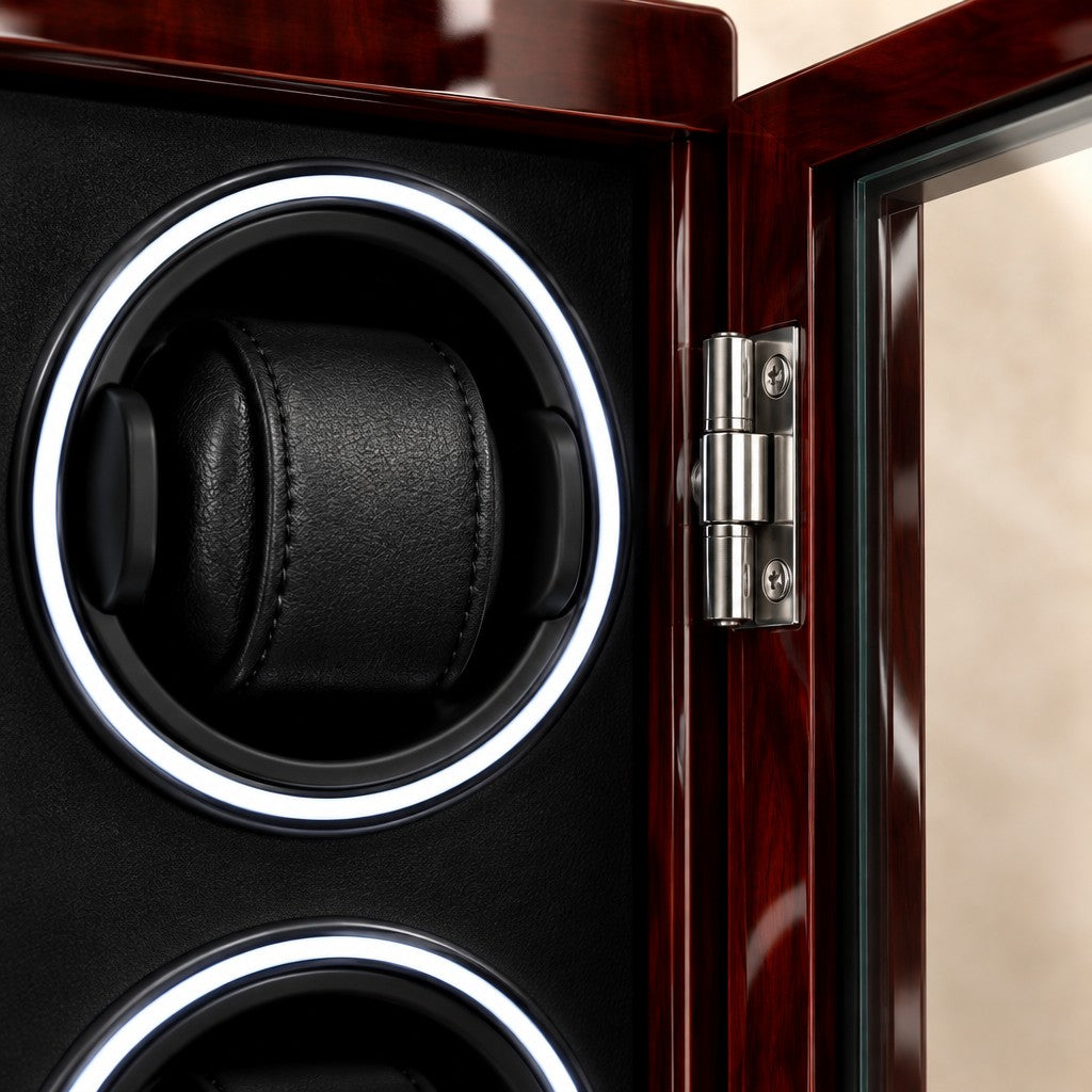 Close-up of a cushioned winding cup with its light ring and the door hinge