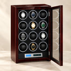 Rosewood-tone 12-watch winder cabinet with the door open and watches on six cups
