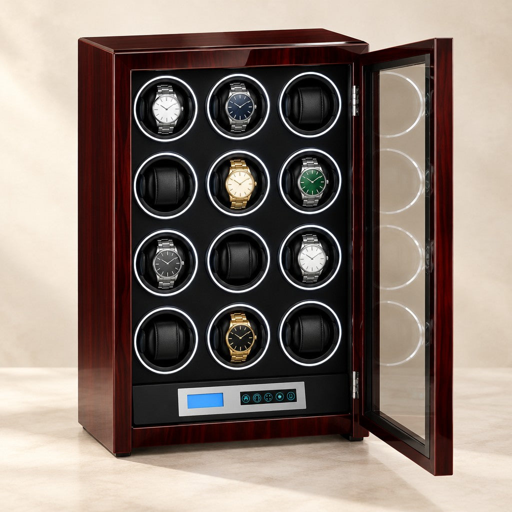 Rosewood-tone 12-watch winder cabinet with the door open and watches on six cups