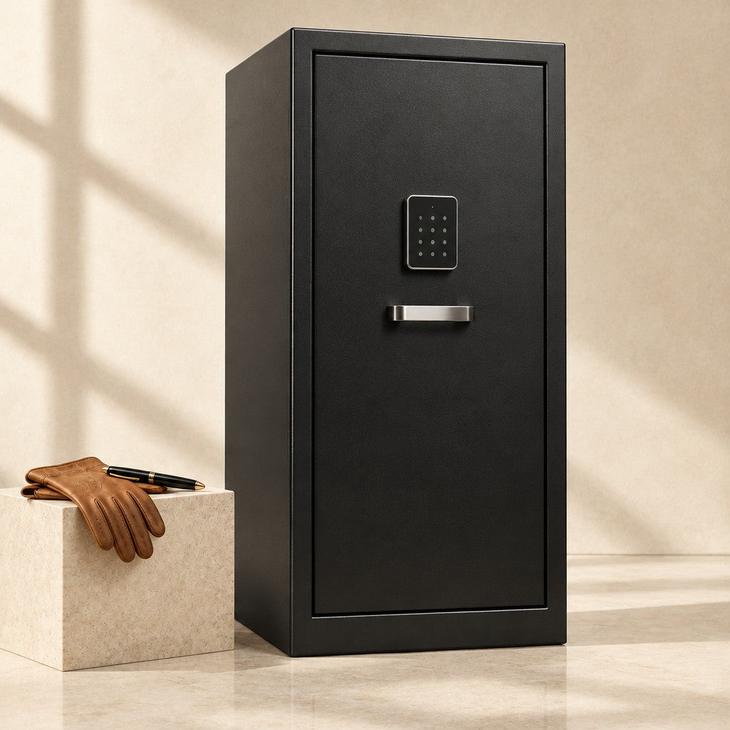 Black steel winder safe closed, beside a fountain pen and leather gloves