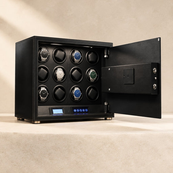 12-Watch Winder Safe in Leather with Fingerprint and Code Lock