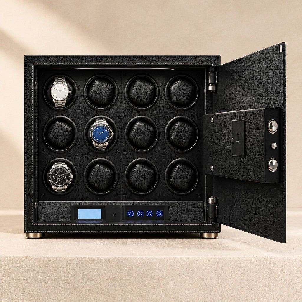 Front view of the twelve cups and LCD controls, with watches of different sizes