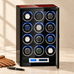 12-watch winder cabinet closed, beside a fountain pen and leather gloves
