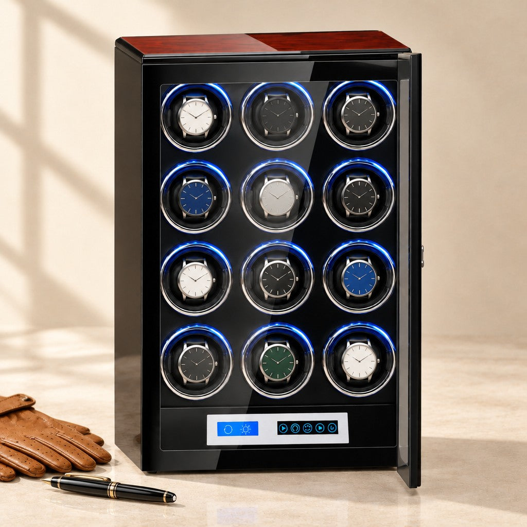 12-watch winder cabinet closed, beside a fountain pen and leather gloves