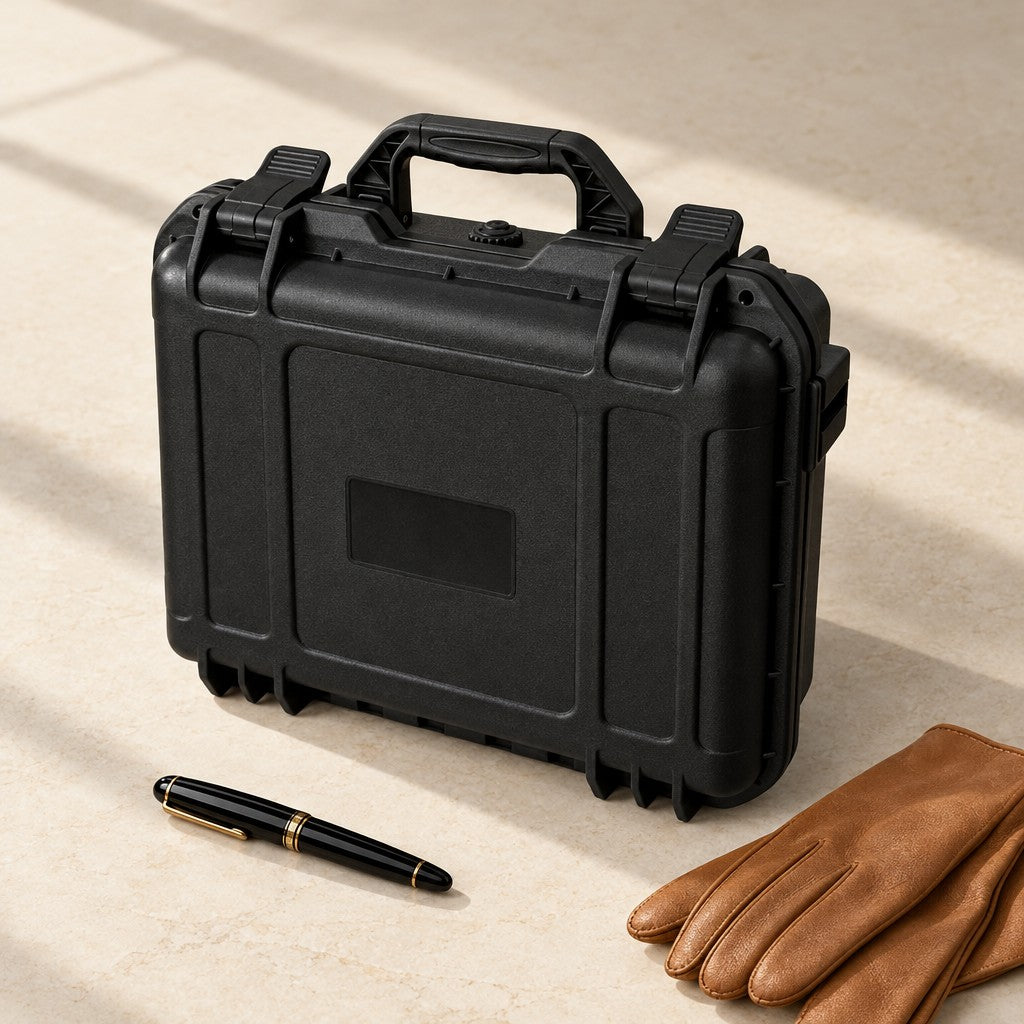 Black protective watch case closed, beside a fountain pen and leather gloves