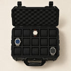 Top view of the 15-slot protective hard watch case with a 36 mm, a 42 mm and a 45 mm watch
