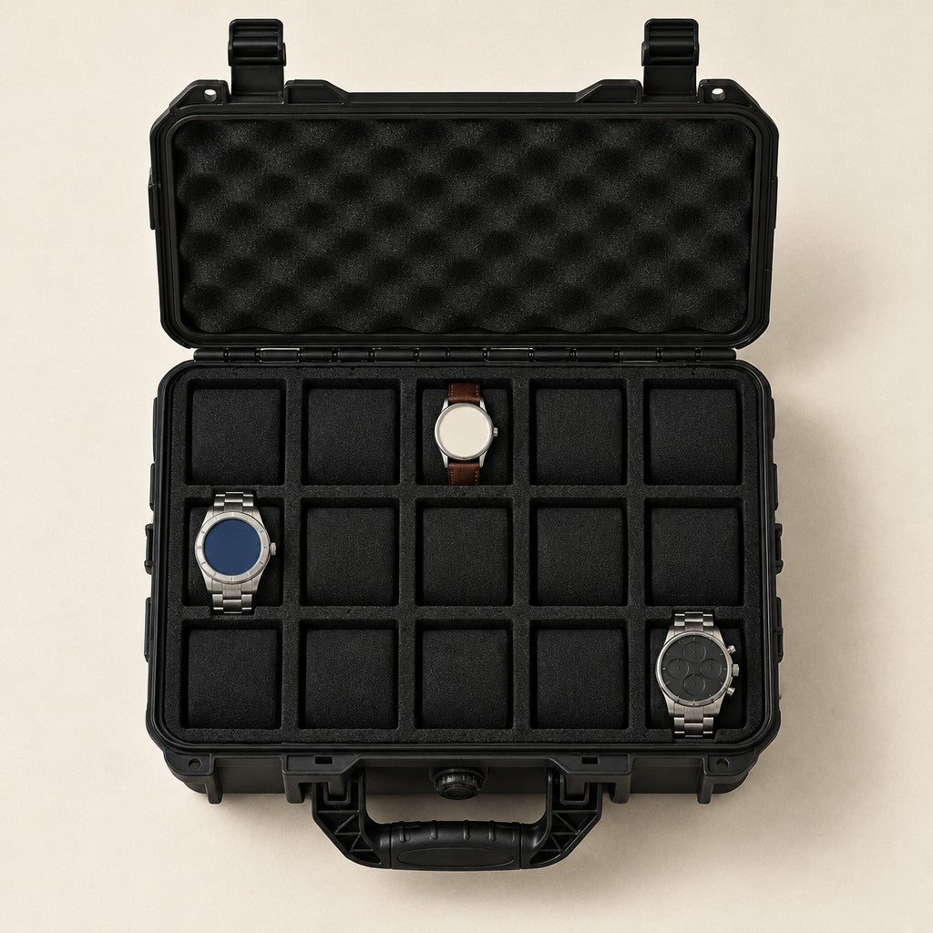 Top view of the 15-slot protective hard watch case with a 36 mm, a 42 mm and a 45 mm watch