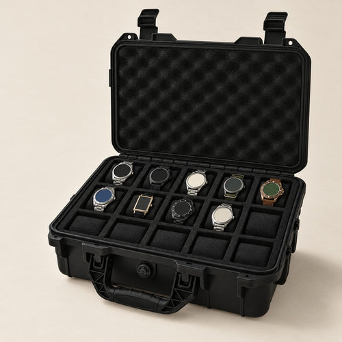 15-slot protective hard watch case, open with nine watches in foam compartments