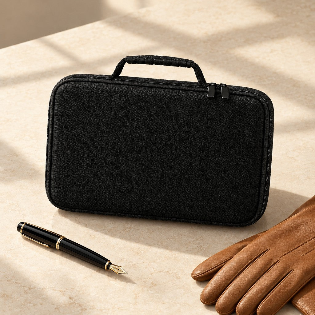 Black zippered watch case closed, beside a fountain pen and leather gloves