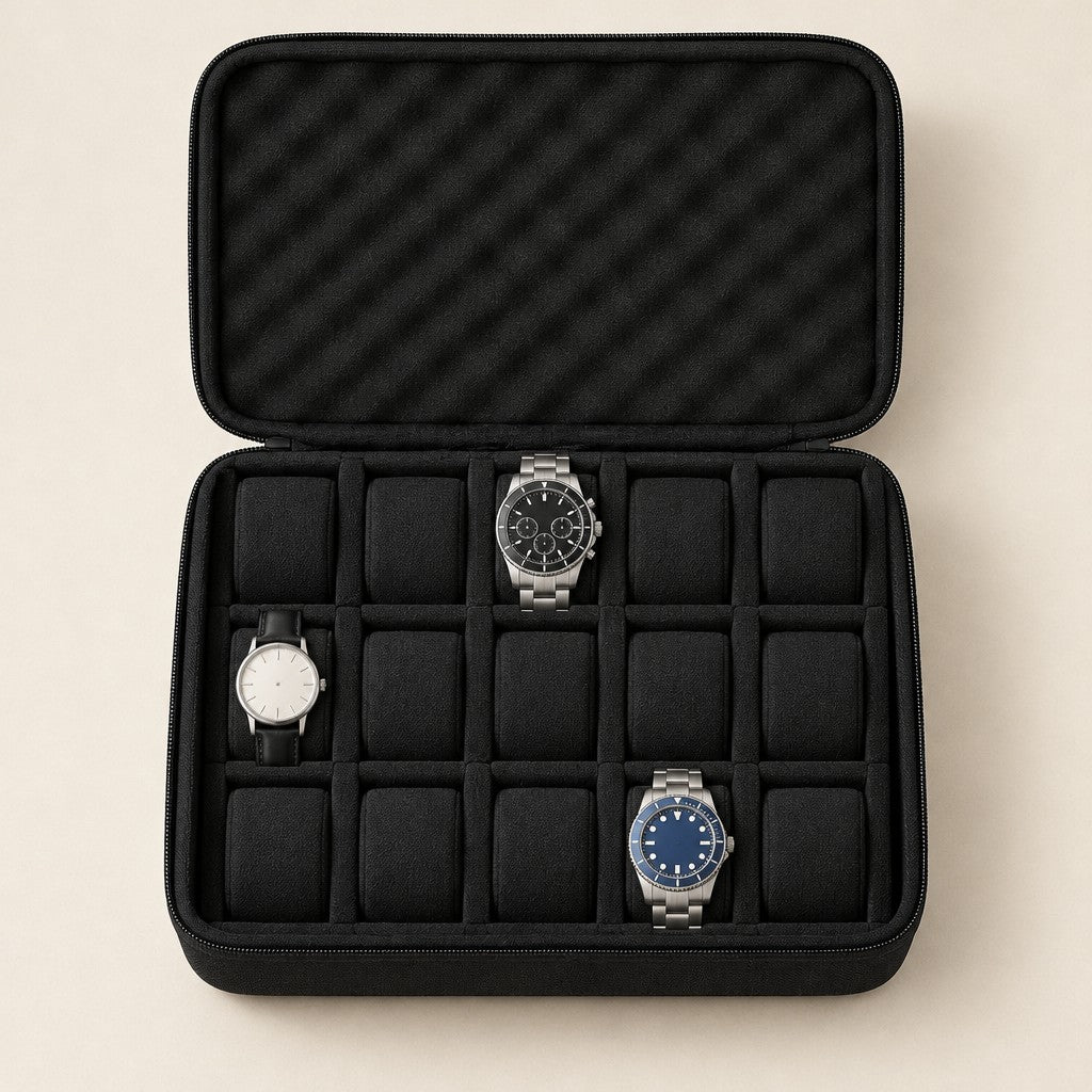 Top view of the 15-slot zippered hard-shell watch case with a 36 mm, a 42 mm and a 45 mm watch
