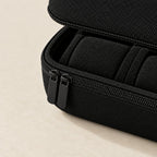 Close-up of the double zipper, woven shell and padded pillow of the watch case
