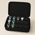 15-slot zippered hard-shell watch case, open with eight watches