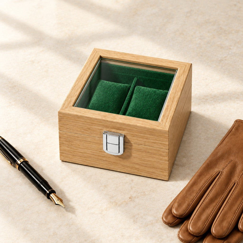 2-slot light bamboo-grain watch box closed, beside a fountain pen and leather gloves