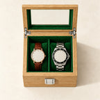 Top view of the 2-slot bamboo-grain watch box with watches of different sizes