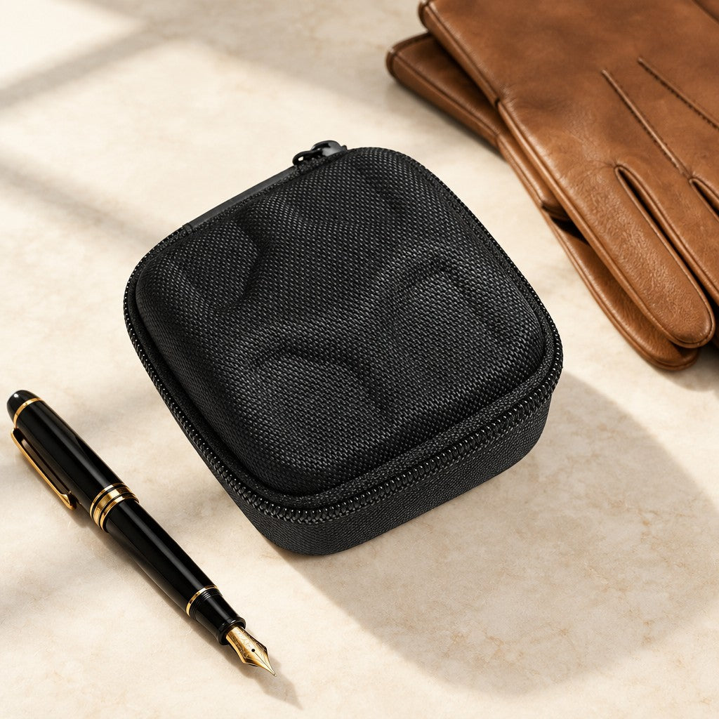2-slot EVA watch case closed, beside a fountain pen and leather gloves