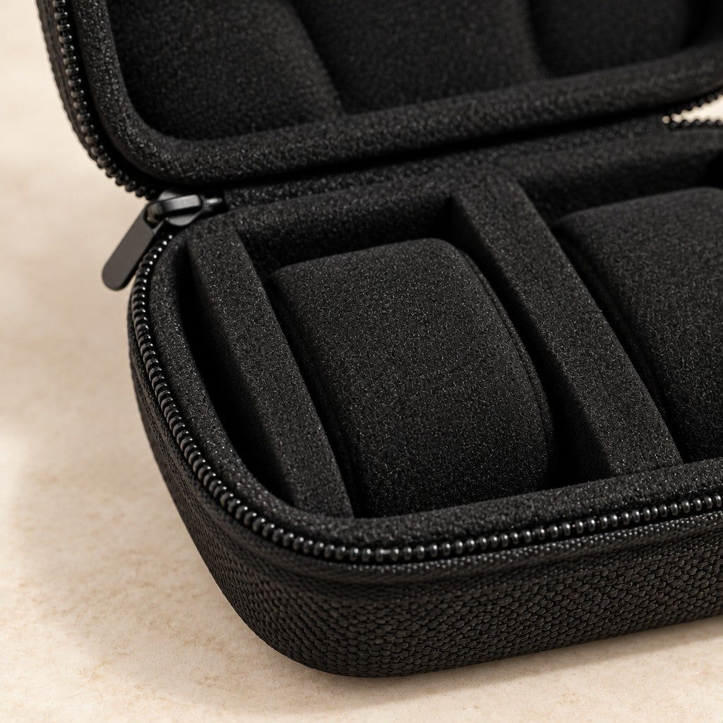 Close-up of the sponge pillow, padded lid and zipper of the EVA case