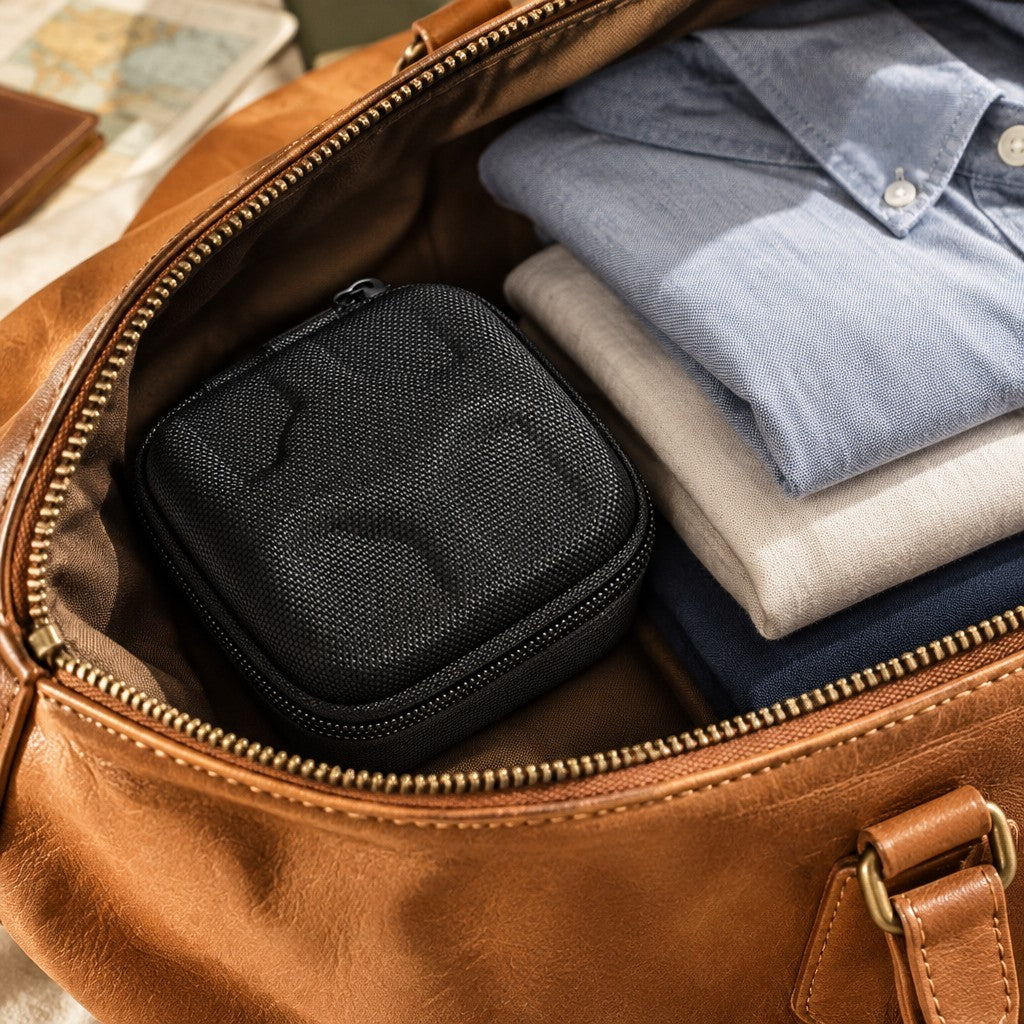 2-slot EVA watch case packed in a leather weekender bag, for scale