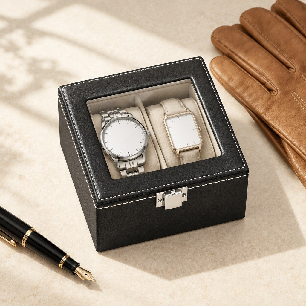2-slot watch box closed, beside a fountain pen and leather gloves