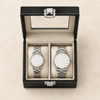 Top view of the open 2-slot watch box with a 36 mm and a 42 mm watch