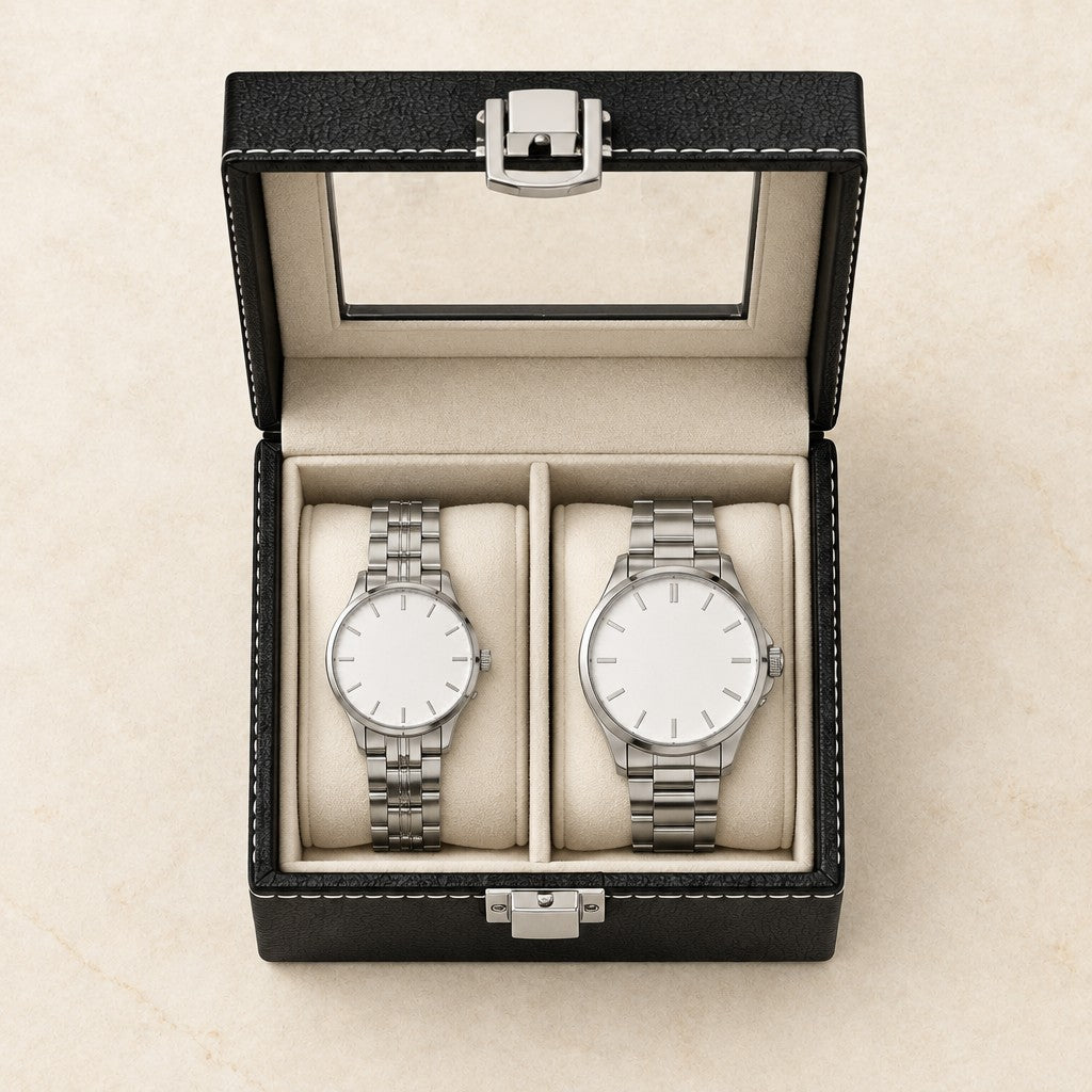 Top view of the open 2-slot watch box with a 36 mm and a 42 mm watch