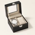 2-slot black faux leather watch box with clear lid, open with one watch