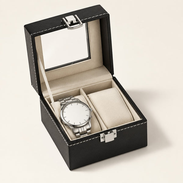 2-Slot Faux Leather Watch Box with Clear Lid