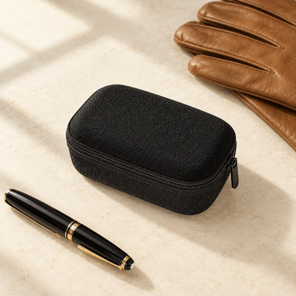 2-slot hard shell watch case closed, beside a fountain pen and leather gloves