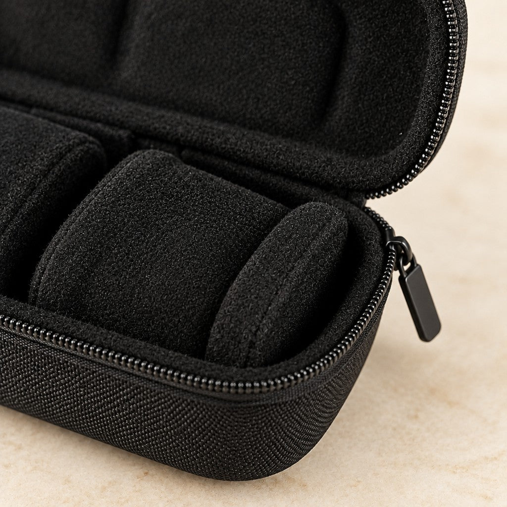 Close-up of the molded lining, foam pillow and zipper of the hard shell case