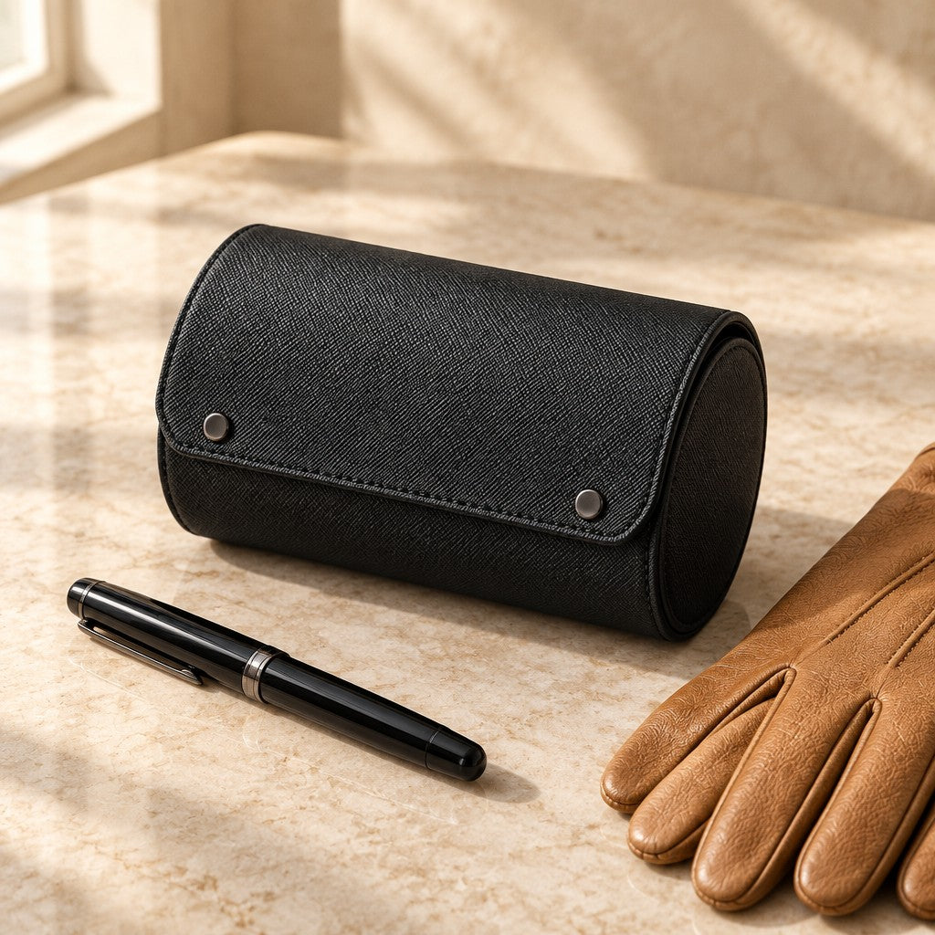 Black 2-slot leather watch roll closed, beside a fountain pen and leather gloves