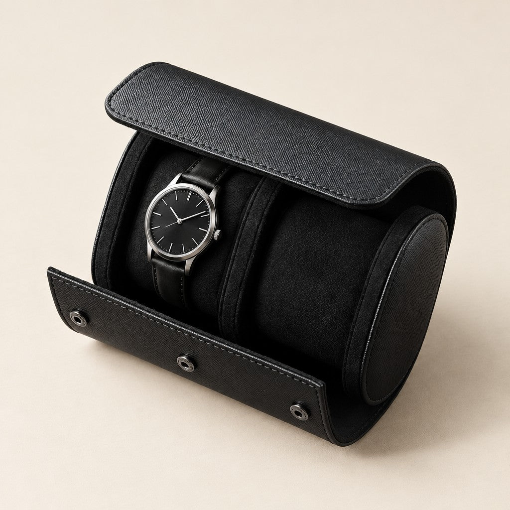 Black 2-slot leather watch roll open