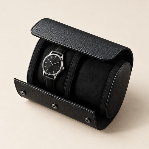 Black 2-slot leather watch roll open