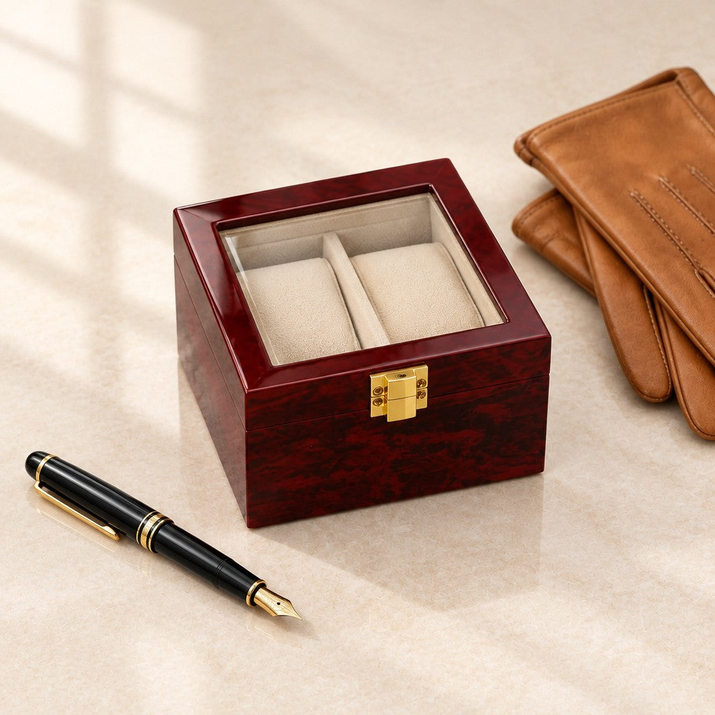 2-slot red lacquered wooden watch box closed, beside a fountain pen and leather gloves