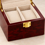 Close-up of the lining and clasp of the 2-slot red lacquered wooden watch box