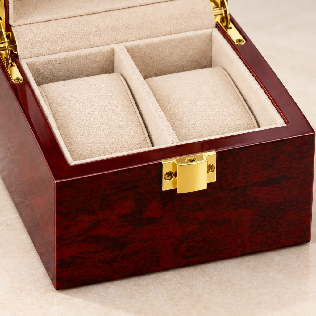 Close-up of the lining and clasp of the 2-slot red lacquered wooden watch box