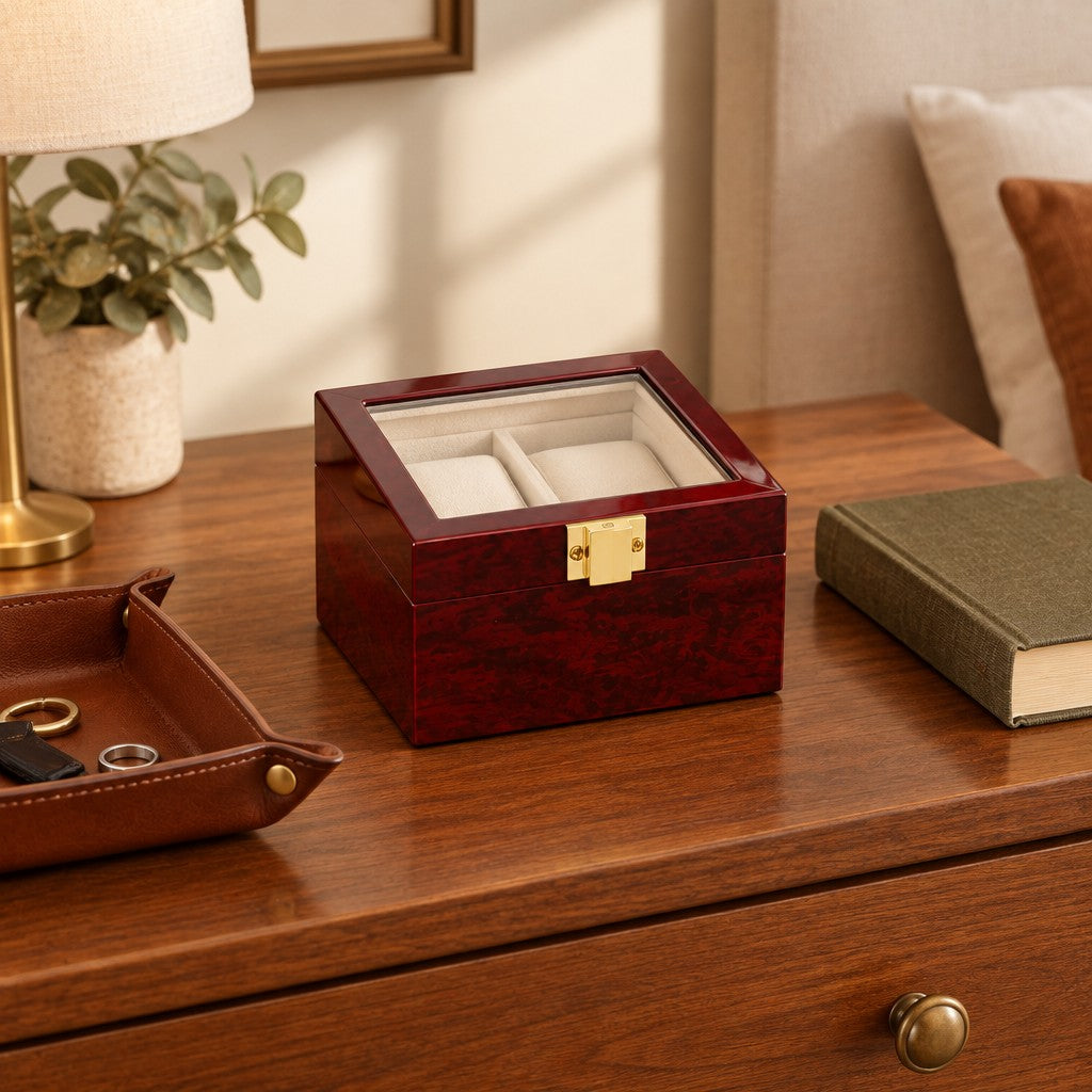 2-slot red lacquered wooden watch box on a chest of drawers, for scale