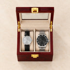 Top view of the 2-slot red lacquered wooden watch box with a 36 mm, a 42 mm and a 45 mm watch